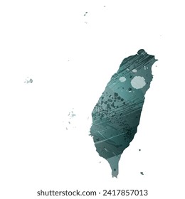Mapa vectorial detallado alto. Taiwán. Estilo acuarela. Color gris aspido. Color verde-gris profundo.