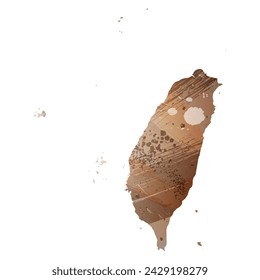Mapa vectorial detallado. Taiwán. Estilo acuarela. Color beige y marrón.