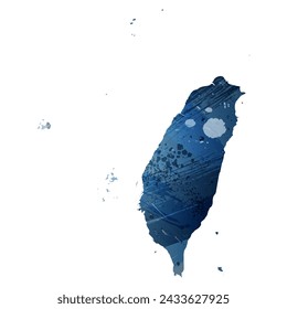 Mapa vectorial detallado. Taiwán. Estilo acuarela. Color azul oscuro. Berlín azul.