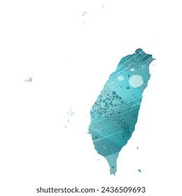 High detailed vector map. Taiwan. Watercolor style. Turquoise blue color. Blue is a deep color.