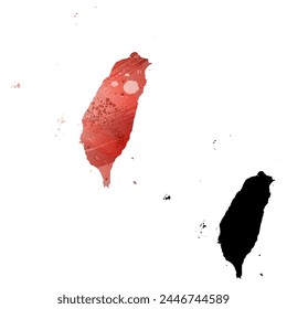 Mapa de Vector detallado. Taiwán. Juego de dos cartas. Estilo acuarela. Color rojo. Tarjeta negra.