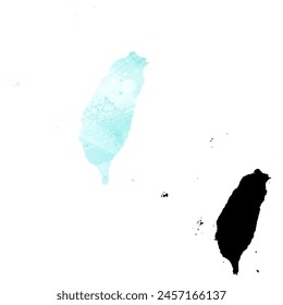 High detailed vector map. Taiwan. Set of two maps. Watercolor style. Blue color. Black map.