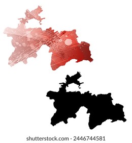 Mapa de Vector detallado. Tayikistán. Juego de dos cartas. Estilo acuarela. Color rojo. Tarjeta negra.