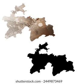 High detailed vector map. Tajikistan. Set of two cards. Watercolor style. Brown color. Black card.