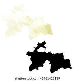 High detailed vector map. Tajikistan. Set of two cards. Watercolor style. Yellow lemon color. Black card.