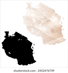 High detailed vector map. Tanzania. Set of two cards. Watercolor style. Brown beige color. Black card.
