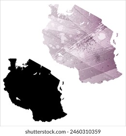 Mapa de Vector detallado. Tanzania. Juego de dos cartas. Estilo acuarela. Color púrpura. Tarjeta negra.