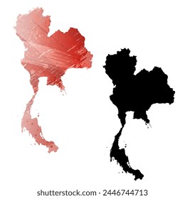 Mapa de Vector detallado. Tailandia. Juego de dos cartas. Estilo acuarela. Color rojo. Tarjeta negra.