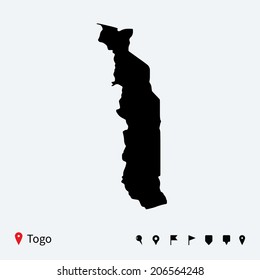 High detailed vector map of Togo with navigation pins.