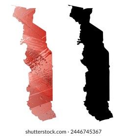 Mapa de Vector detallado. Togo. Juego de dos cartas. Estilo acuarela. Color rojo. Tarjeta negra.