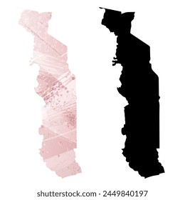 High detailed vector map. Togo. Set of two cards. Watercolor style. Pink color. Black card.