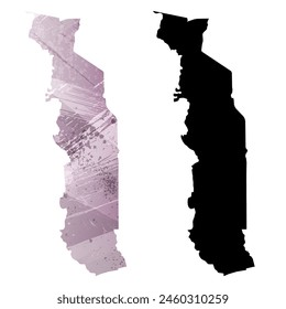 High detailed vector map. Togo. Set of two cards. Watercolor style. Purple color. Black card.