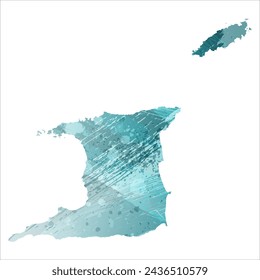 High detailed vector map. Trinidad and Tobago. Watercolor style. Turquoise blue color. Blue is a deep color.