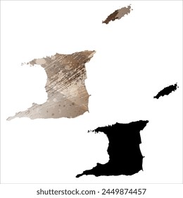 Mapa de Vector detallado. Trinidad y Tobago. Juego de dos cartas. Estilo acuarela. Color marrón. Tarjeta negra.