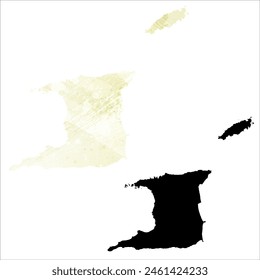 High detailed vector map. Trinidad and Tobago. Set of two cards. Watercolor style. Yellow lemon color. Black card.