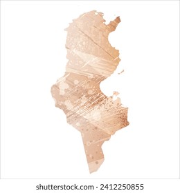 High detailed vector map. Tunisia. Watercolor style. Antique brass. Light brown. Gold color.