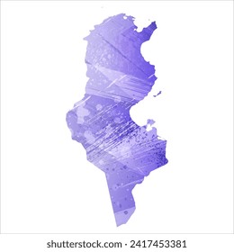 Mapa vectorial detallado alto. Túnez. Estilo acuarela. Color azul aspido. Un color violeta, delicado y pastel.
