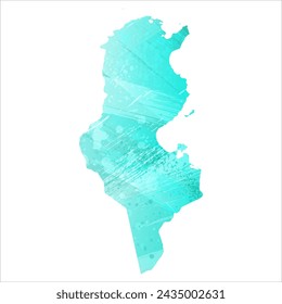 High detailed vector map. Tunisia. Watercolor style. Turquoise color. Bright blue color.