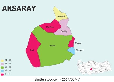 High detailed vector map - Turkey- Aksaray. Blue-gray detailed map of Turkey and administrative divisions and location on the globe. Vector illustration