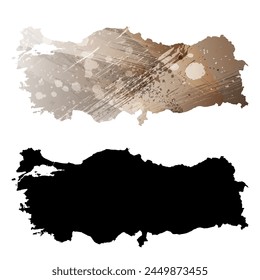 High detailed vector map. Turkey. Set of two cards. Watercolor style. Brown color. Black card.