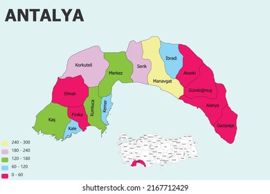 Hohe detaillierte Vektorkarte - Türkei-Antalya. Blaugraue detaillierte Karte der Türkei und der Verwaltungsabteilungen und Lage auf der Welt. Vektorgrafik