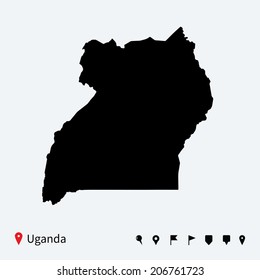 High detailed vector map of Uganda with navigation pins.