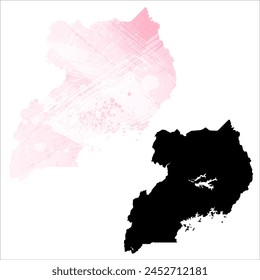 High detailed vector map. Uganda. Set of two cards. Watercolor style. Pink color. Black card.