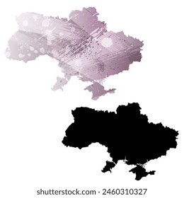 Mapa de Vector detallado. Ucrania. Juego de dos cartas. Estilo acuarela. Color púrpura. Tarjeta negra.
