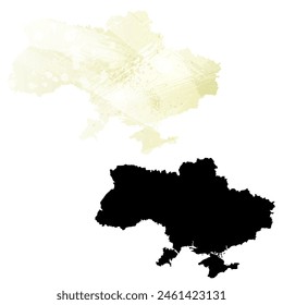 High detailed vector map. Ukraine. Set of two cards. Watercolor style. Yellow lemon color. Black card.
