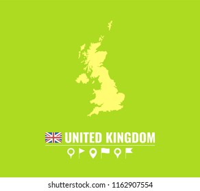 High detailed vector map of United Kingdom. Name country, flag and pointer set. Flat vector illustration.