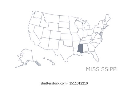 High detailed vector map - United States of America. Map with state boundaries. Mississippi vector map silhouette