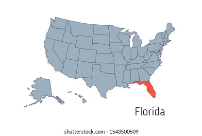 Mapa vectorial muy detallado - Estados Unidos de América. Mapa con límites estatales. Silueta de mapa vectorial de Florida