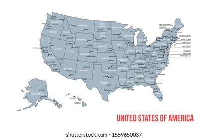 High detailed vector map - United States of America. Map with borders and state names, main cities. Vector illustration.