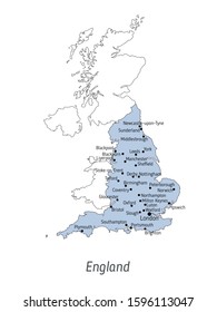 High detailed vector map - United Kingdom of Great Britain and Northern Ireland. Silhouette isolated on white background. Vector illustration. Map of the England with city names