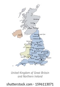 High detailed vector map - United Kingdom of Great Britain and Northern Ireland. Silhouette isolated on white background. Vector illustration. Map of the UK with city names