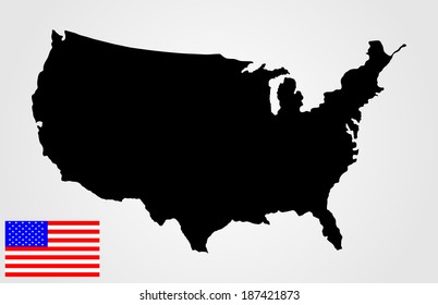 High detailed vector map - United States, black silhouette isolated on white background.  American flag vector under map.