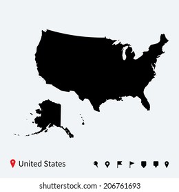 High detailed vector map of United States with navigation pins.