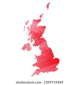 High detailed vector map. United Kingdom. Watercolor Style. Alizarin red color.