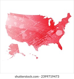 High detailed vector map. United States. Watercolor Style. Alizarin red color.