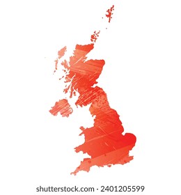 Mapa vectorial detallado alto. Reino Unido. Estilo acuarela. Color rojo brillante escarlata.