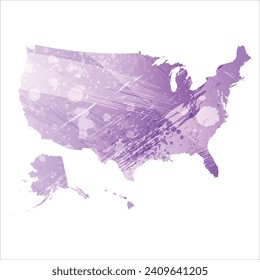 High detailed vector map. United States. Watercolor style. Amethyst purple color.