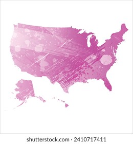 High detailed vector map. United States. Watercolor style. Amaranth light cherry pink color.