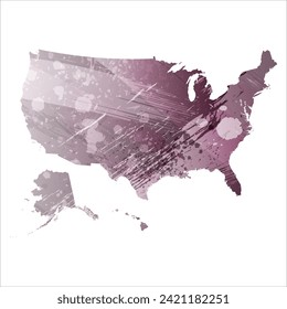 High detailed vector map. United States. Watercolor style. Eggplant color. Pastel purple color.