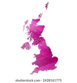 High detailed vector map. United Kingdom. Watercolor style. Eggplant color. Purple bright color.