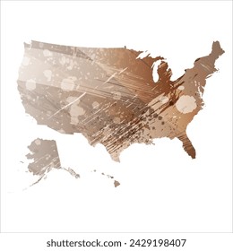 Mapa vectorial detallado. Estados Unidos. Estilo acuarela. Color beige y marrón.
