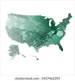 High detailed vector map. United States. Watercolor style. Turquoise green color.