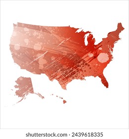 High detailed vector map. United States. Watercolor style. Bismarck-furioso. Red color.
