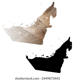 Mapa de Vector detallado. Emiratos Árabes Unidos. Juego de dos cartas. Estilo acuarela. Color marrón. Tarjeta negra.