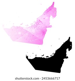 High detailed vector map. United Arab Emirates. Set of two cards. Watercolor style. Pink color. Black card.