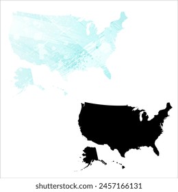 High detailed vector map. United States. Set of two maps. Watercolor style. Blue color. Black map.